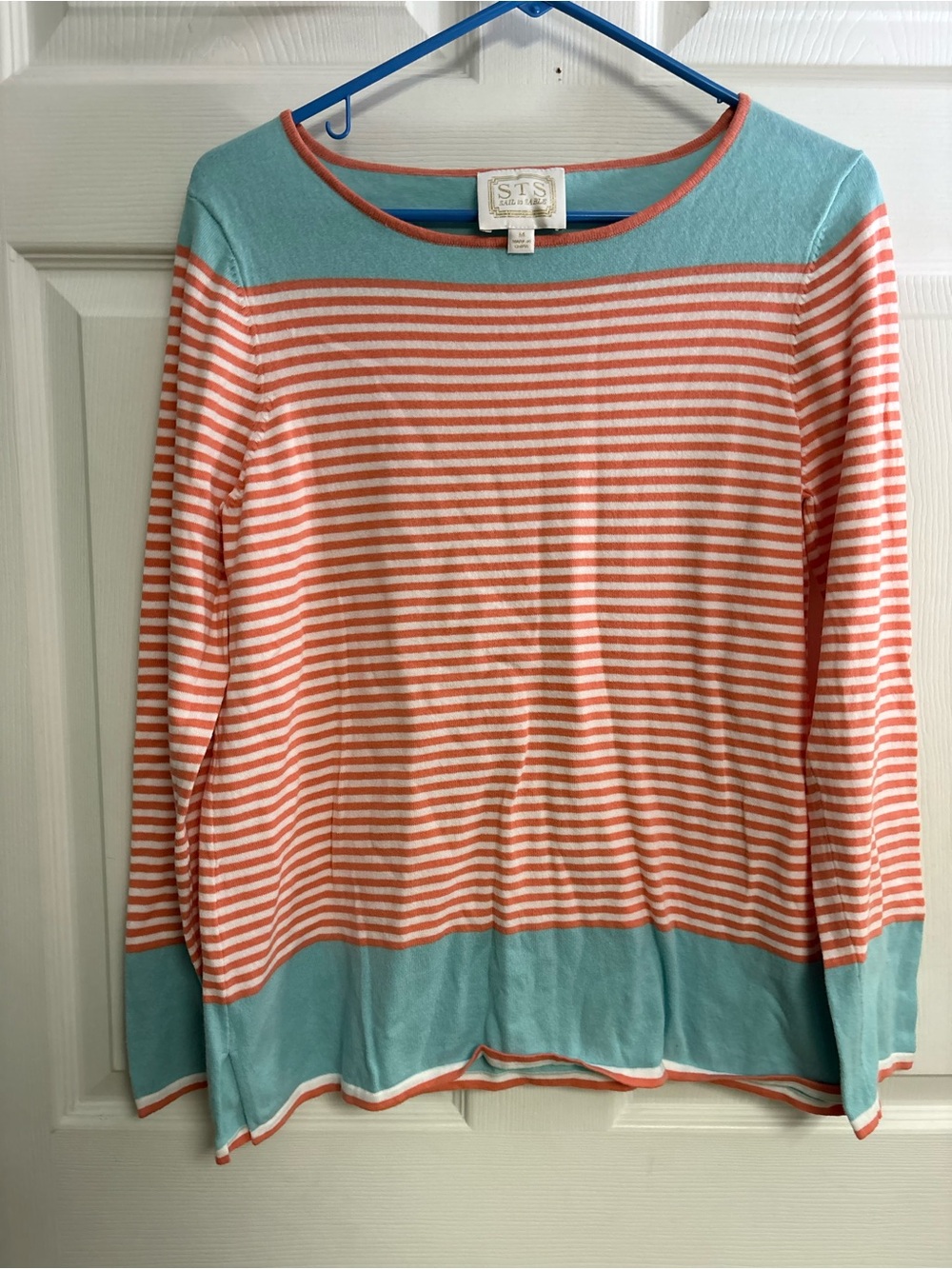 Sail to Sable Coral and Aqua Striped Crewneck Sweater